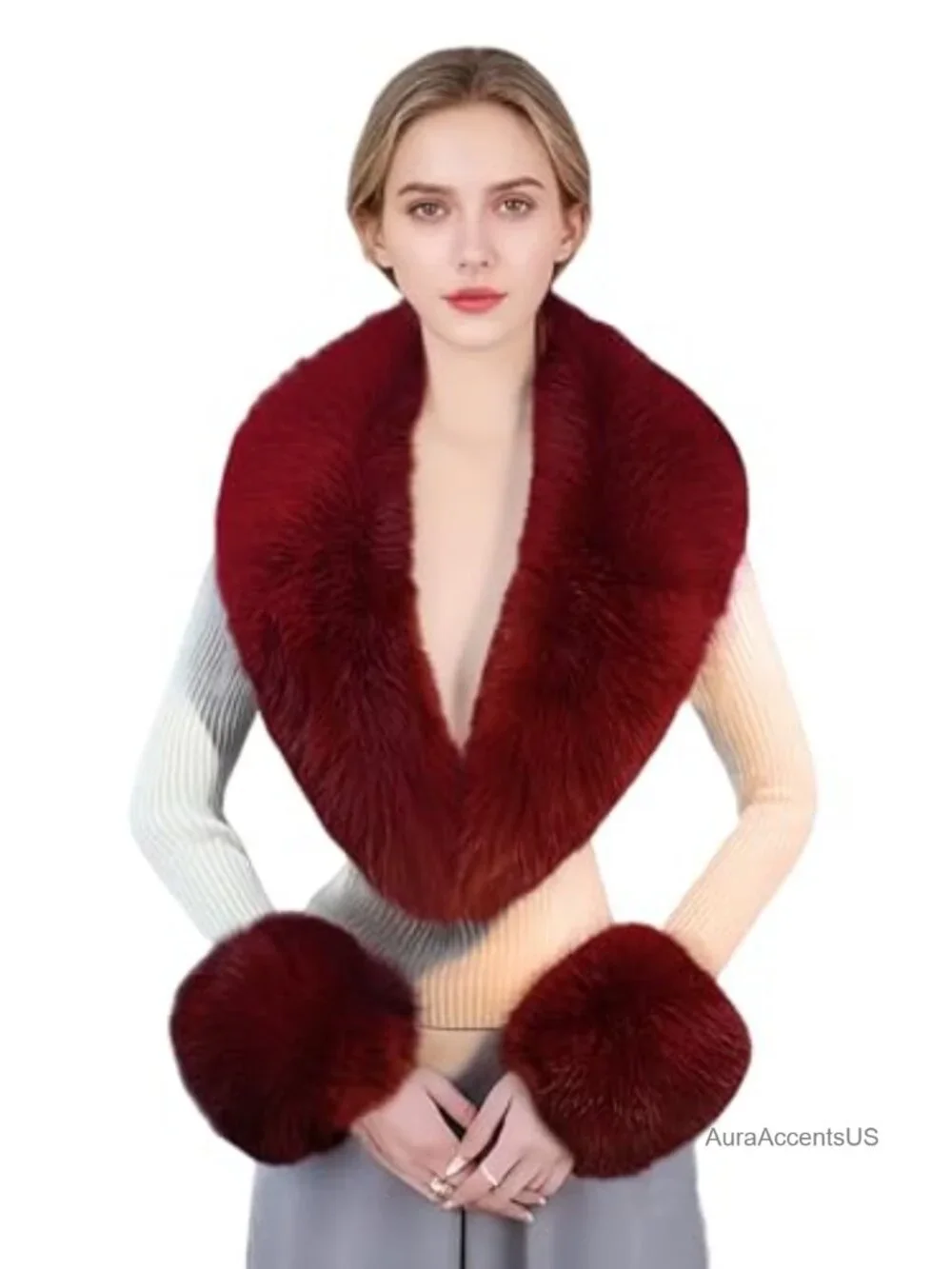 Faux Fur Scarf Shawl Wrap with Matching Wrist Cuffs Set Winter